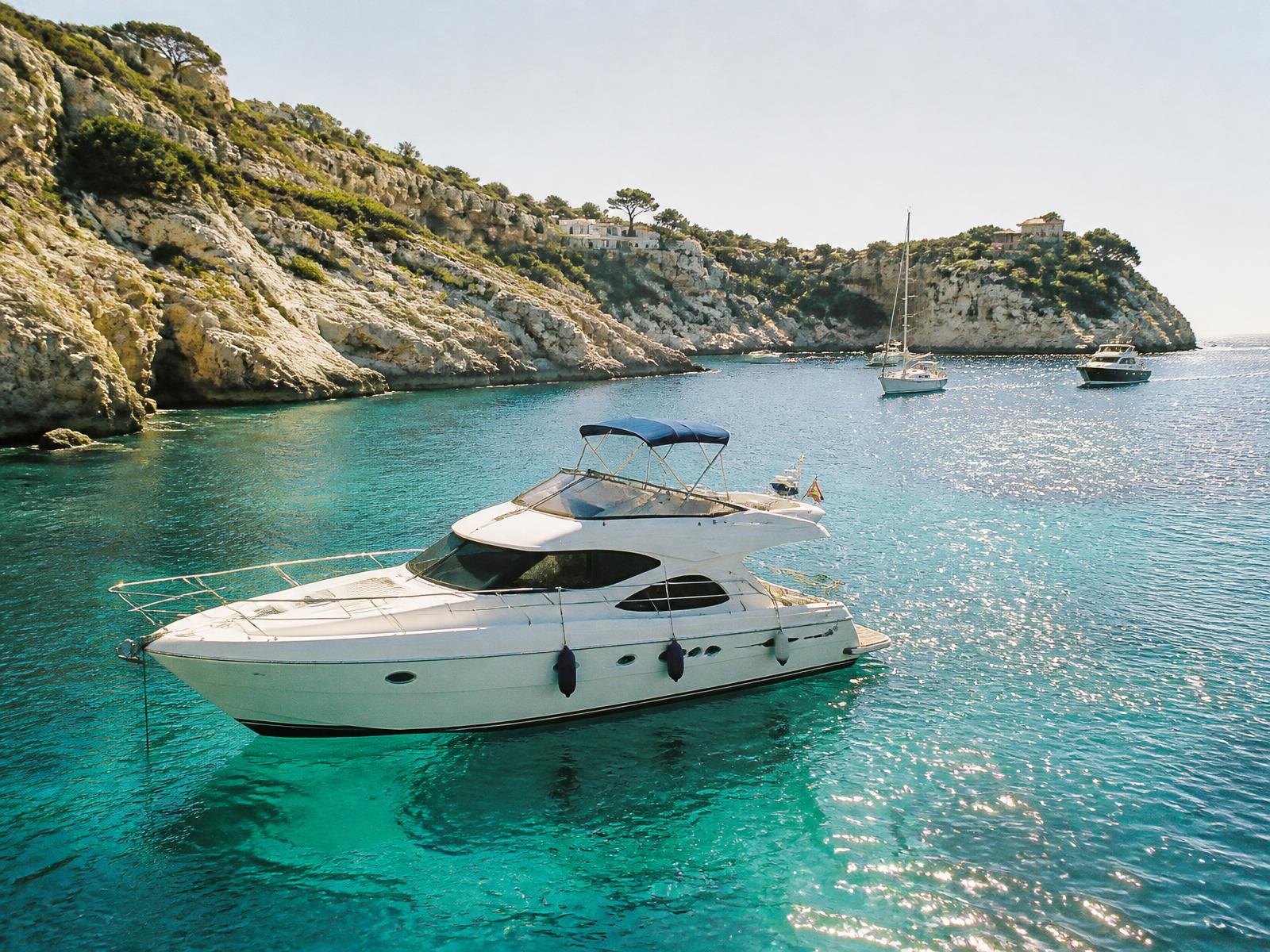 Motor yacht anchored in a Mediterranean cove at twilight